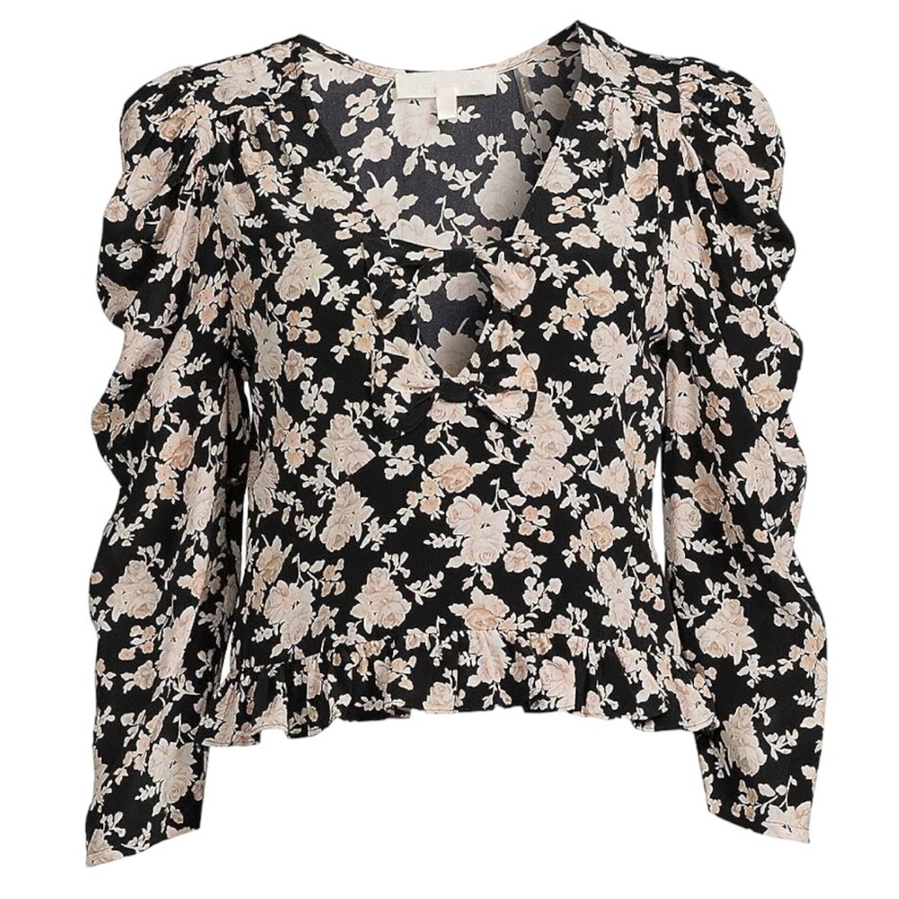 NEW LoveShackFancy Silk Floral Print Louis Blouse in Almond Cookie - Picture 6 of 16